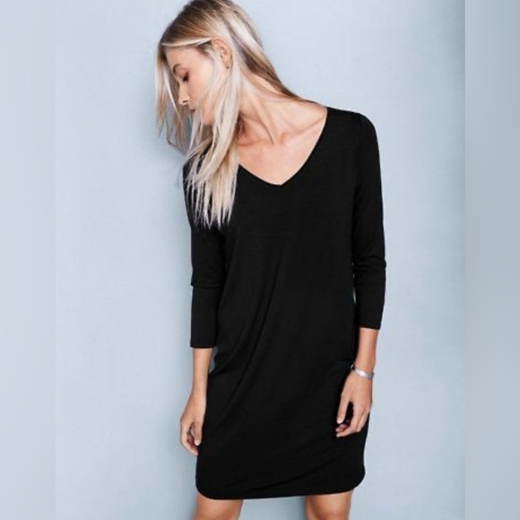 EILEEN FISHER Viscose Jersey 3/4-Sleeve V-Neck Dress Size XS S Black System - Picture 8 of 8